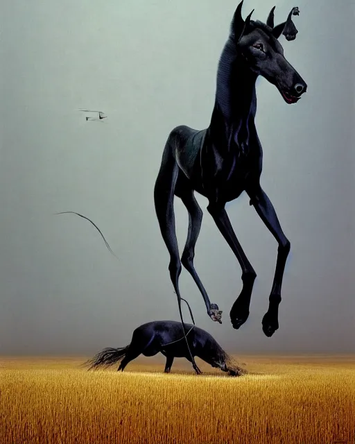 Prompt: painting of hybrid between black weimaraner & black stallion horse! & intercrossed animal, by zdzislaw beksinski, by mattias adolfsson, concept art, single object scene, beautiful composition, 8 k, wide angle shot, fast shutter, dslr camera,