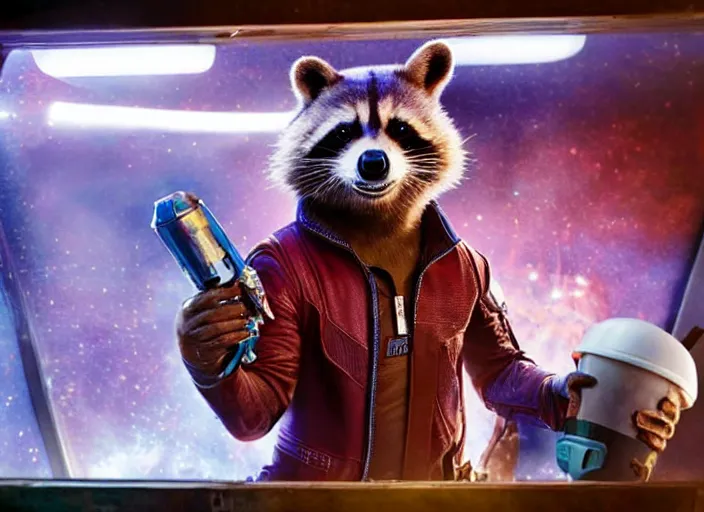 Image similar to film still of Rocket Racoon working in an ice cream truck in the new Guardians of the Galaxy movie, 4k