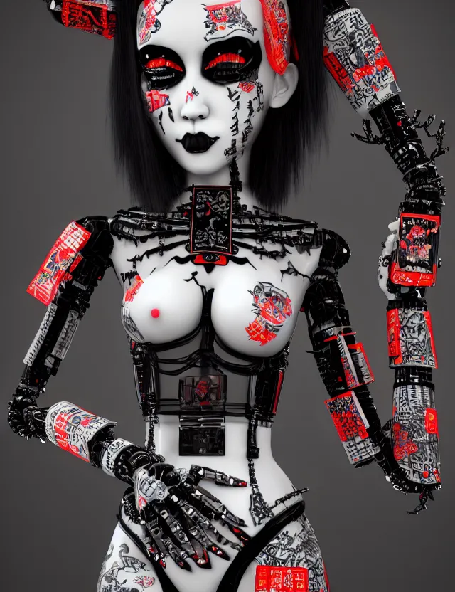 Image similar to full body portrait of a gothic style punk geisha robot with kanji tattoos and decals wearing a digital pixelated kimono, intricate design, photo - realistic, octane render, ultra fine detailed, character design, trending on artstation