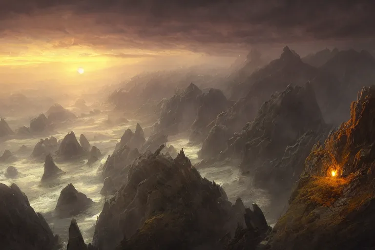 Image similar to high aerial shot, fantasy landscape, sunset lighting ominous shadows, cinematic fantasy painting, dungeons and dragons, gentle coastline by jessica rossier and brian froud