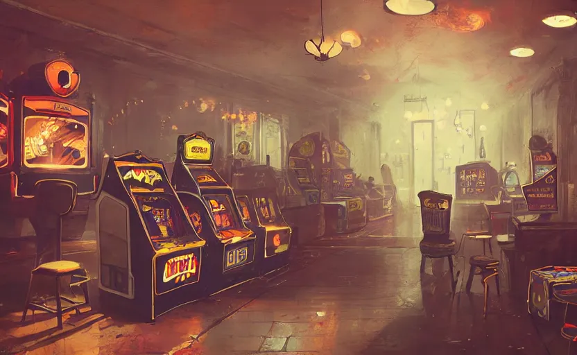Prompt: a view from inside a haunted vintage arcade, fond memories, nostalgia, memories long past, trending on artstation, atmospheric, crisp, concept art