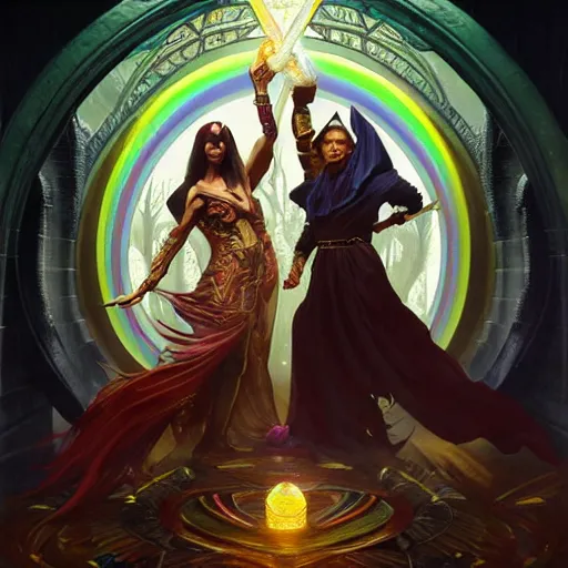 Image similar to painting of powerful stylish sorcerer and a cleric banishing the darkness and its abominations with a rainbow spell, ultra realistic, concept art, intricate details, eerie, highly detailed, photorealistic, octane render, 8 k, unreal engine. art by artgerm and greg rutkowski and magali villeneuve and alphonse mucha