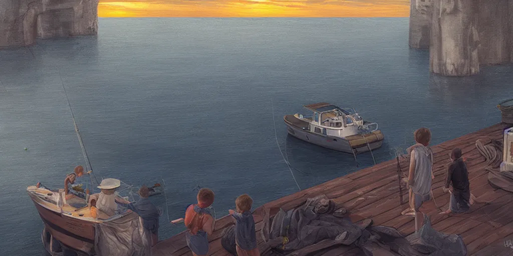 Image similar to wood dock, child at edge of dock, big fishing boat next to the dock with waving sailors. low angle, sunrise, a mediterranean phoenician fishing village in the distance, chalk cliffs above, highly detailed, digital painting, artstation, concept art, sharp focus, illustration, art by artgerm and raphael lacoste and magali villeneuve