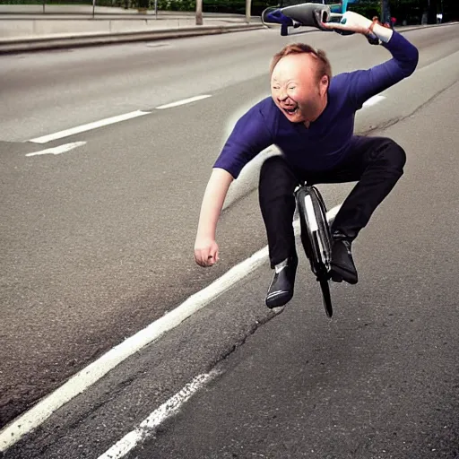 Image similar to Limmy in a bike crash falling off his bike, photorealistic,