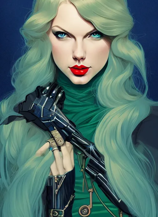 Prompt: style artgerm, joshua middleton, taylor swift with green dress, very long blue hair, symmetrical face, symmetrical eyes, steampunk western gunslinger with cyborg arm, cinematic lighting