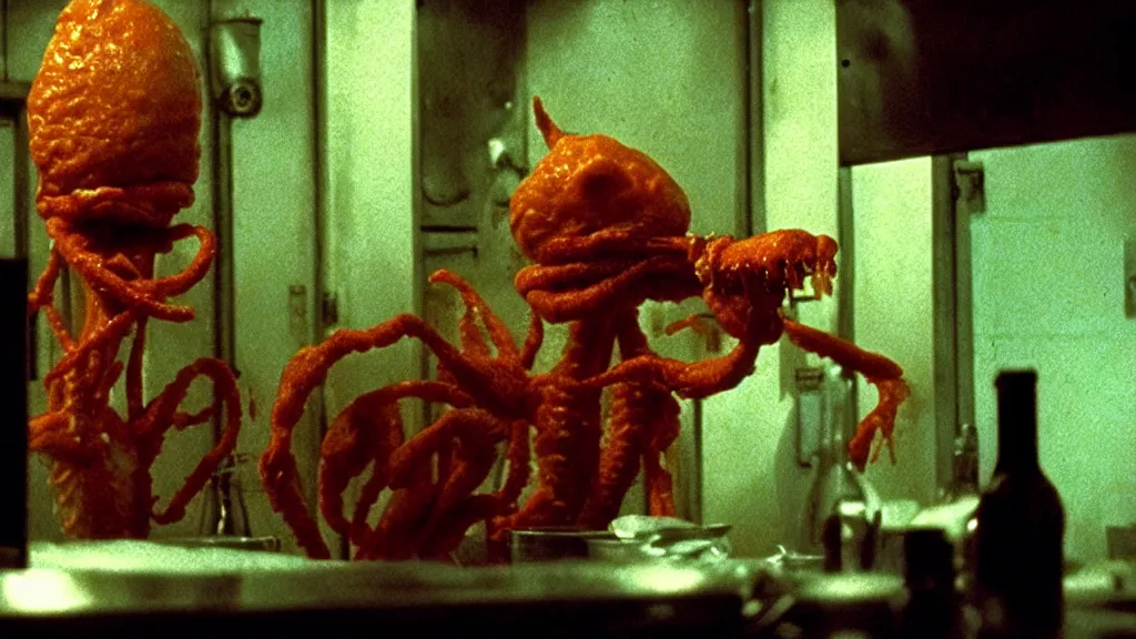 Prompt: the strange pizza creature in the restaurant kitchen, film still from the movie directed by denis villeneuve and david cronenberg with art direction by salvador dali and zdzisław beksinski,