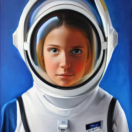 Image similar to girl in futuristic astronaut suit, portrait, hyperrealism oil painting