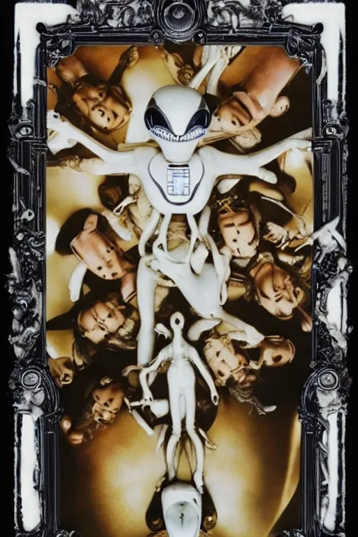 Image similar to polaroid still symmetry frame from Alien Covenant movie by Takashi Murakami, from Pan's Labyrinth (2006) by James Stokoe, creation of life , dressed by Salvatore Ferragamo and by Chanel, haute couture painted by Peter Paul Rubens and by John Baeder, editorial fashion photography from vogue magazine, in coral stalagmite by Jean-Michel Basquiat