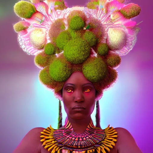 Image similar to a female african marijuanna! shaman with an afro made of flowers, third eye art art by machina infinitum, complexity from simplicity, rendered in octane, mandelbulb 3 d, ambient occlusion, macro photography, felt!!! texture, tribal, pastel! retrowave