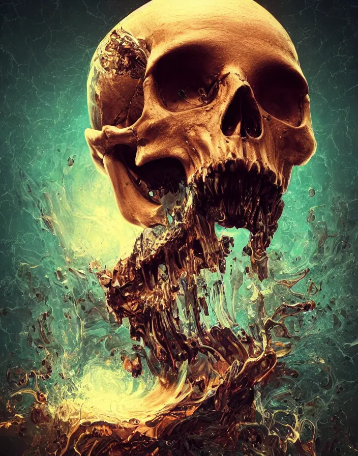 Image similar to portrait of a melting skull. intricate abstract. intricate artwork. by Tooth Wu, wlop, beeple, dan mumford. octane render, trending on artstation, greg rutkowski very coherent symmetrical artwork. cinematic, hyper realism, high detail, octane render, 8k, depth of field, bokeh. psychedelic accents