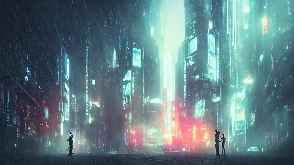 Prompt: cyberpunk, cinematic, dramatic couple, in the middle, fog, flame, intricate, high detail, mystical vibe, neon lights, rain, thunder, artstation, digital art, high resolution, concept art,