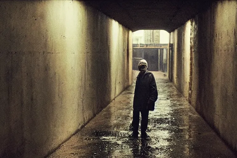 Image similar to a cinematic!! headshot photograph!! of a beautiful homeless war veteran, stood in a tunnel, rain, dirt, film still, cinematic lighting, by bill henson