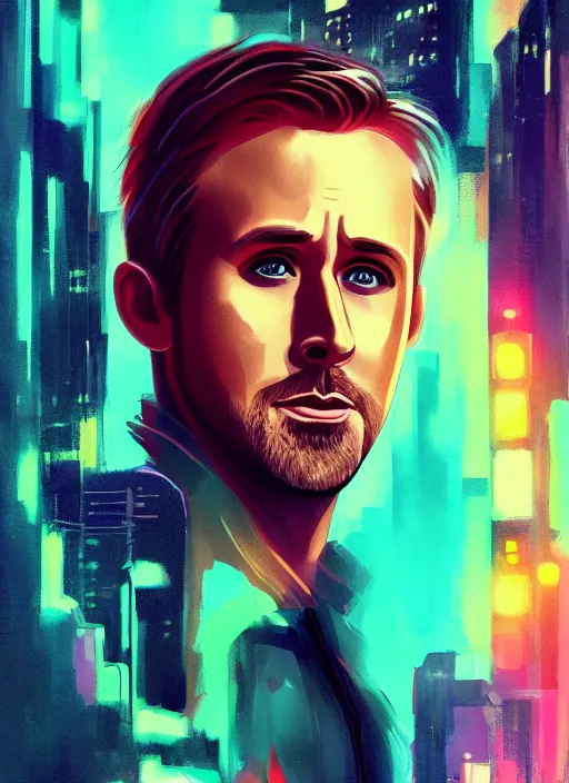 Prompt: ryan gosling in blade runner 2 0 4 9 portrait illustrated by rossdraws, vivid colors, soft lighting, digital artwork 4 k, best of artstation