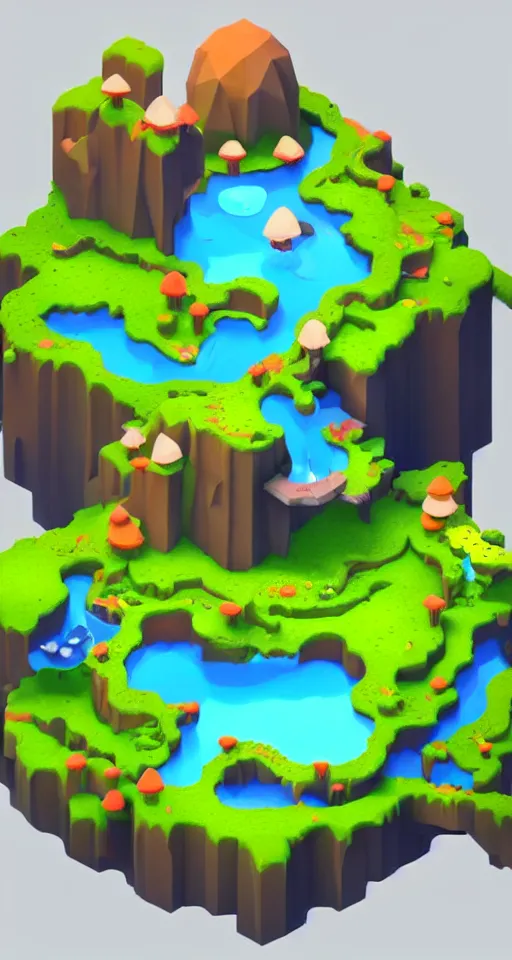 Image similar to a cute little matte low poly isometric mushroom island, waterfalls, lat lighting, soft shadows, trending on artstation, 3d render, monument valley, fez video game,