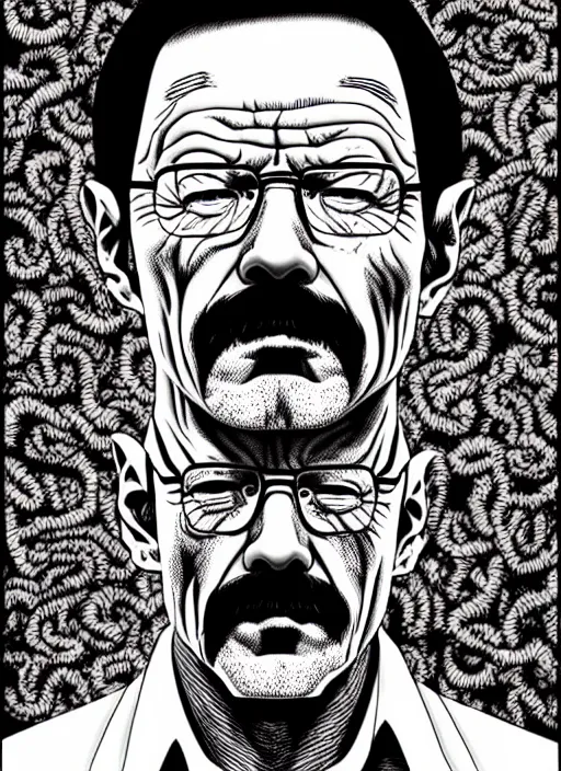 Image similar to junji ito style portrait of walter white, intricate, highly detailed, illustration, art by junji ito, junji ito