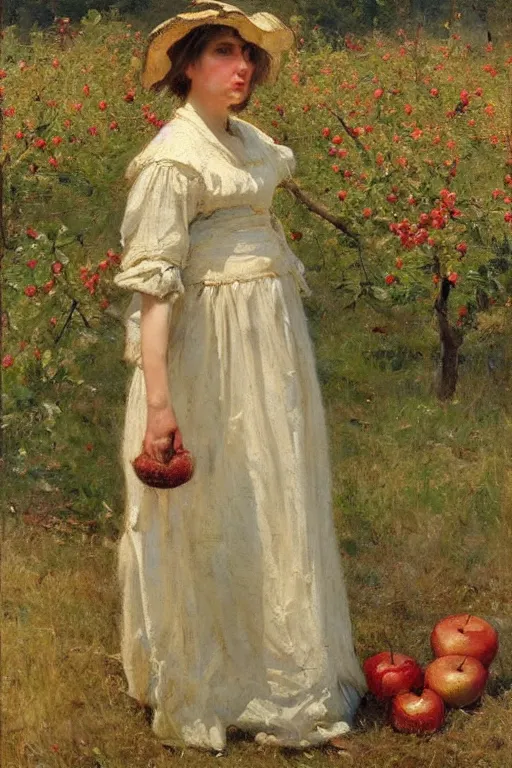 Image similar to Solomon Joseph Solomon and Richard Schmid and Jeremy Lipking victorian genre painting full length portrait painting of a young cottagecore walking in an apple orchard, red background