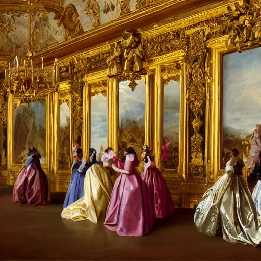 Image similar to fine art, oil on canvas. six women in the mirrors room in the palace of versailles in france wearing fine clothes, no faces visibles. dark room with light coming through the right side. baroque style 1 6 5 6. high quality realistic recreation of illumination shadows and colors, no distortion on subject faces.