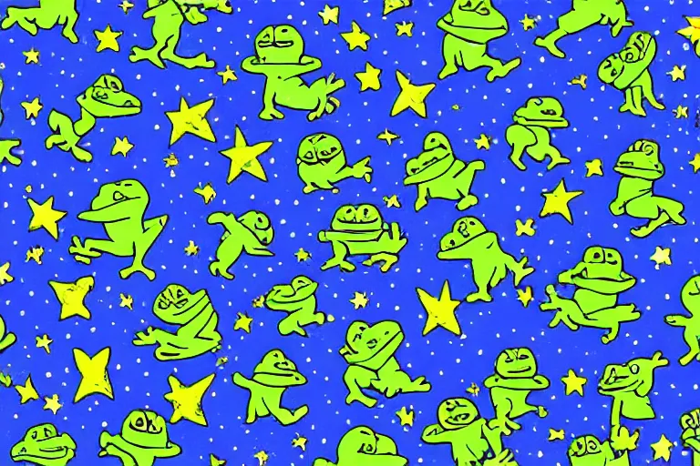 Image similar to night starry sky full of pepe the frog, by lous wain and and fernand toussaint