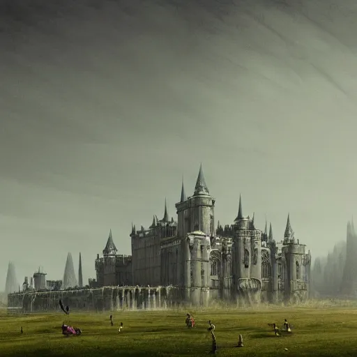 Prompt: a beautifully detailed pencil drawing of grassy plains with huge gothic fortress - palace, by raphael lacoste, by tyler edlin, by john atkinson grimshaw, by hugh ferris, by rainman page, trending on artstation