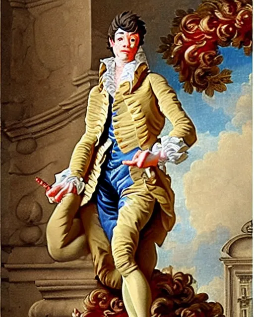 Prompt: peter parker, dressed in a beautiful 1 8 th century classical suit with flounces and ribbons, rococo style, francois boucher style, highly detailed, very realistic, painterly style