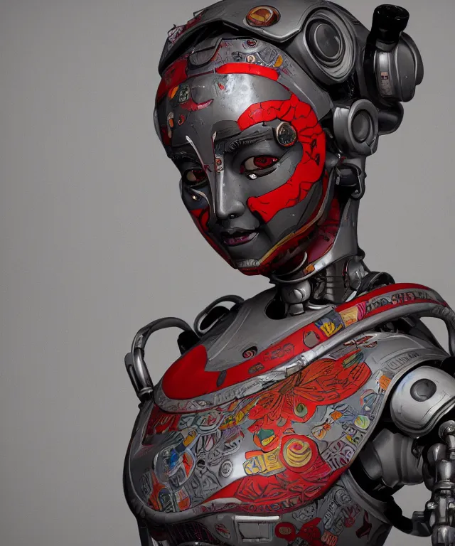 Image similar to an epic fantastic realism comic book style portrait painting of a japanese robotic geisha with kanji tattoos and decals, apex legends, octane render, intricate detail, 4 k hd, unreal engine 5, ex machina, irobot