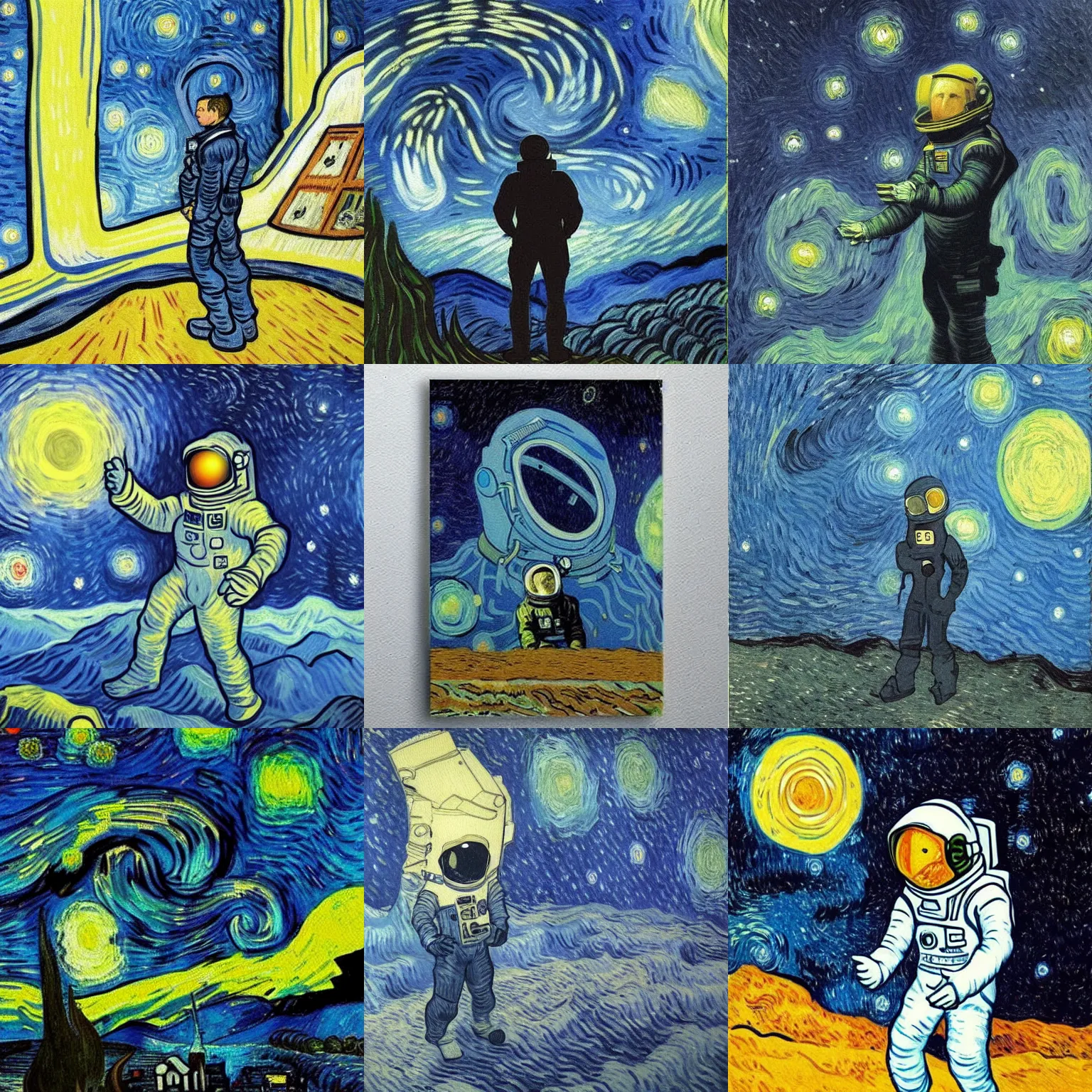 Image similar to Astronaut Lonely in the Galaxy - a painting by Van Gogh. very beautiful, HD detailed. Sad lighting, miserable emotions. The Astronaut is lost in the Galaxy.