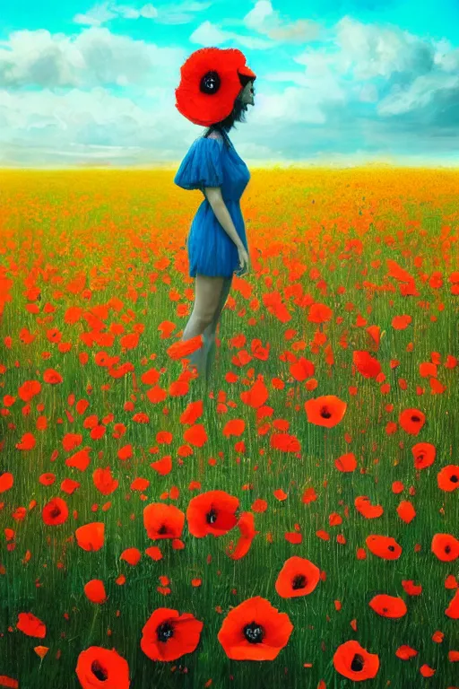 Image similar to closeup, giant poppy flower head, girl standing in a field of flowers, surreal photography, sunrise, blue sky, dramatic light, impressionist painting, digital painting, artstation, simon stalenhag