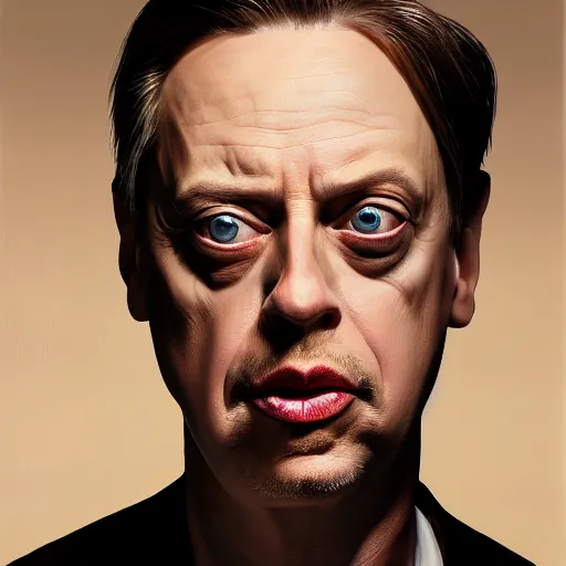 Prompt: hyperrealistic mixed media painting of steve buscemi, perfect facial symmetry, dim volumetric lighting, 8 k octane beautifully detailed render, post - processing, portrait, extremely hyper - detailed, intricate, epic composition, brown eyes, highly detailed eyes, realistic eyes, masterpiece, trending on artstation, very very detailed, stunning,