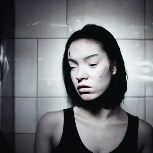 Image similar to cinestill 5 0 d candid photographic portrait by quentin tarantino of a beautiful mixed feminine man wearing black techwear and light makeup looking in a broken bathroom mirror, rundown new york apartment, medium closeup, retrofuturism grunge cyberpunk lights shadows refraction, 3 5 mm, f / 3 2, 4 k, 8 k, hd, high resolution, ultra realistic faces