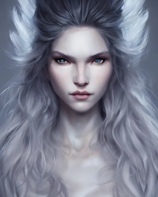 Image similar to portrait of a beautiful fierce snow and storm goddess, flowy white grey hair, grey eyes, cinematic lighting, highly detailed, digital painting, trending on artstation, pixiv, concept art, sharp focus, illustration, art by ross tran and wlop