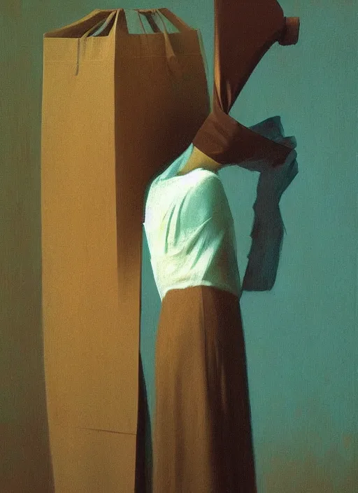 Image similar to woman with a paper bag over the head and a sward Edward Hopper and James Gilleard, Zdzislaw Beksinski, Steven Outram highly detailed