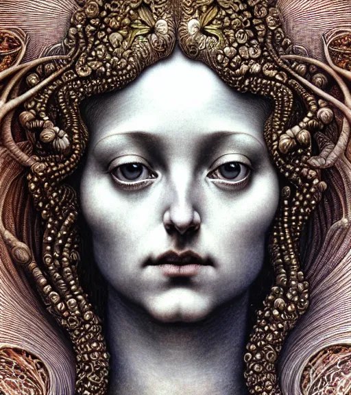 Image similar to detailed realistic beautiful almandine goddess face portrait by jean delville, gustave dore, iris van herpen and marco mazzoni, art forms of nature by ernst haeckel, art nouveau, symbolist, visionary, gothic, neo - gothic, pre - raphaelite, fractal lace, intricate alien botanicals, biodiversity, surreality, hyperdetailed ultrasharp octane render