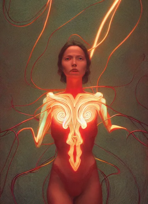 Image similar to Wanda Maximoff, dynamic pose, glowing, wires everywhere, by Edgar Maxence and Ross Tran, Zdzisław Beksiński, and Michael Whelan, distant, gustav dore, H.R. Giger, 8k, octane render