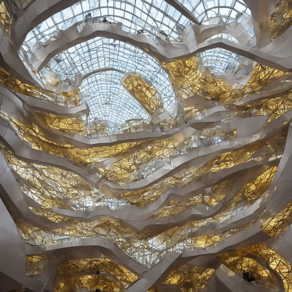 Prompt: “ the interior atrium hall of the museum of emotions designed by highly sculptural hyperbolic boolean surfaces, a sculptural staircase done in gold floats up to a skylight, highly detailed in 4 k ”