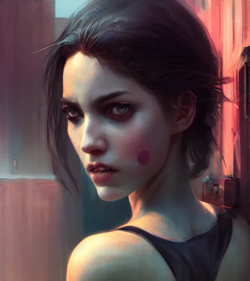 Prompt: girl sitting on a rooftop, cyberpunk, medium shot, realistic detailed face, by charlie bowater, by wlop, by jeremy lipking, expressive oil painting, portrait, digital art, photorealistic model shoot