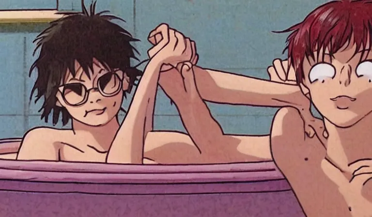 Prompt: The bathtub scene from Gummo, anime, by Hideaki Anno