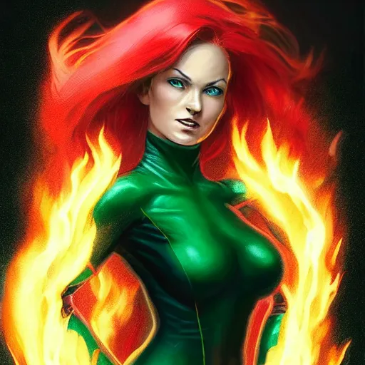 Image similar to jean grey, a full body portrait of jean grey, green eyes, red hair, phoenix rising, flames, flying, comic, x - men, highly detailed, artstation, deviantart, symetry, digital painting, vivid colors, realistic shaded perfect face, volumetric lighting, atmospheric, sharp focus, moody, art by artgerm and greg rutkowski, 8 k