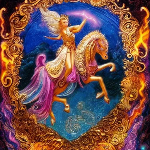 Image similar to goddess riding flying golden ram by josephine wall, trending on artstation, checking her phone, erupting volcano in distance, flowers in foreground, sunset, stars in sky, fantasy, 8 k