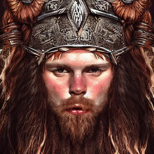 Image similar to of valhalla viking headgear with flaming red hair, fine detail, texture, extreme detailed drawing, trending on artstation, hyperreal