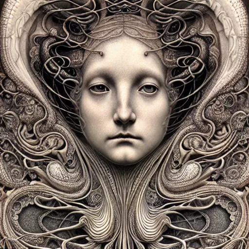 Image similar to detailed realistic porcelain beautiful organic calaveras goddess face portrait by jean delville, gustave dore, iris van herpen and marco mazzoni, art forms of nature by ernst haeckel, art nouveau, symbolist, visionary, gothic, neo - gothic, pre - raphaelite, fractal lace, intricate alien botanical biodiversity, surreality, hyperdetailed ultrasharp octane render