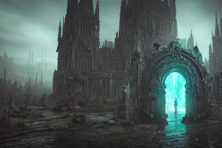 Image similar to The portal to Cthulu's realm open in front of a gothic metropolis, rendered in octane, CryEngine, hype realistic, digital art, Artstation, Lovecraftian