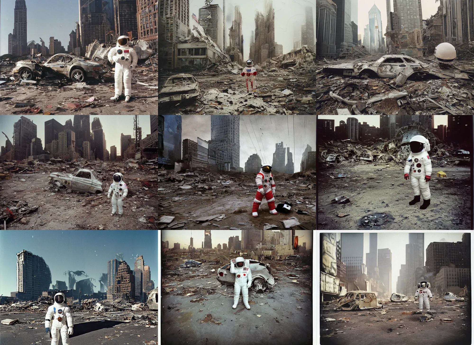 Prompt: chihuahua, american white spacesuit astronaut with oversized helmet in postapocalyptic abandoned destroyed times square, wrecked buildings, destroyed flipped wrecked cars, giant crater in distance, polaroid photo, vintage, neutral colors, by gregory crewdson
