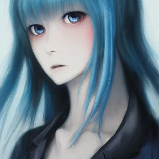 Image similar to full face shot of rimuru tempest, sky blue straight hair, long bangs, amber eyes, wearing a fancy black jacket, high collar, ultra detailed, brush strokes, digital painting, cinematic, wlop artstation, closeup, pixiv, eerie, scary, intimidating, evil, yoshitaka amano, junji ito,