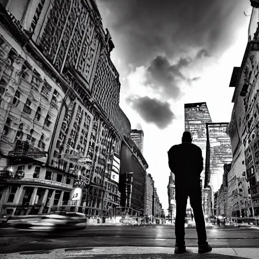 Image similar to man looking at the sky in new york square, night time, filmic, dramatic, night vision, wide angle, vignette, monochrome, 4 k, 8 k, sad, nightlight, cinematic lighting, insanely detailed and intricate, hypermaximalist, elegant, ornate, hyper realistic, super detailed