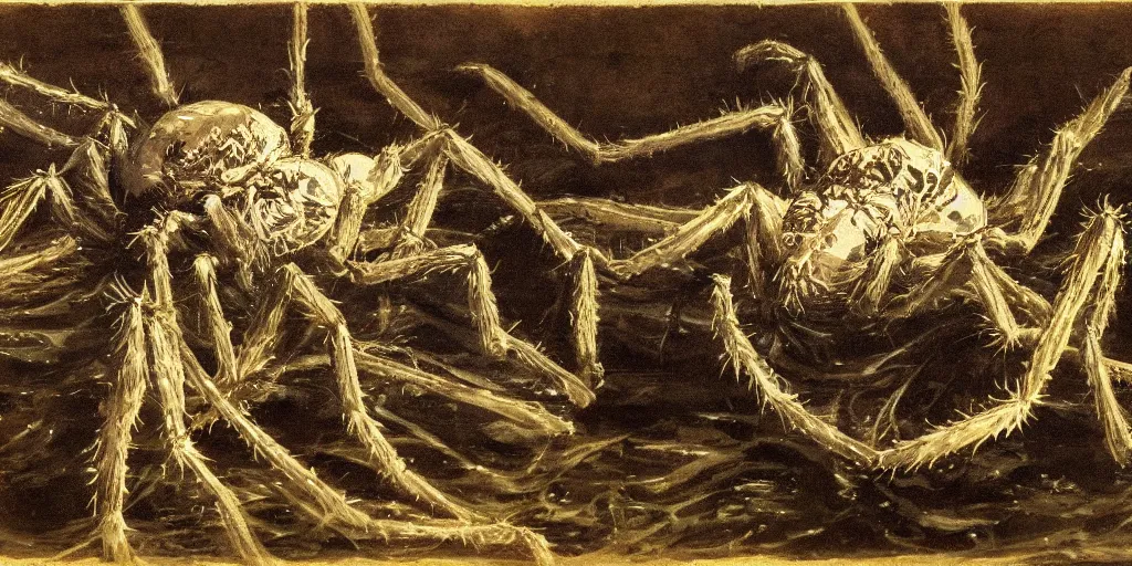 Image similar to hyperrealism Baptism on the river, monster spider in style of Goya