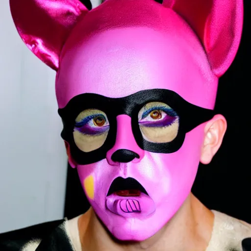 Image similar to bad bunny dressing up as an androgynous demon for halloween, you can still see bad bunny's face, artistic, pink pastel, realistic, close up, varying angles