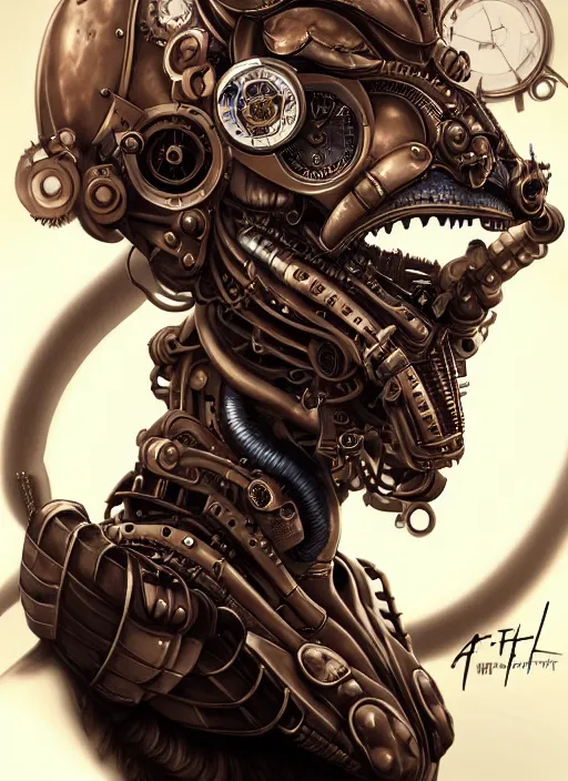 Prompt: portrait of a steampunk dragon robot woman in 1810 by Artgerm, biomechanical, hyper detailled, trending on artstation