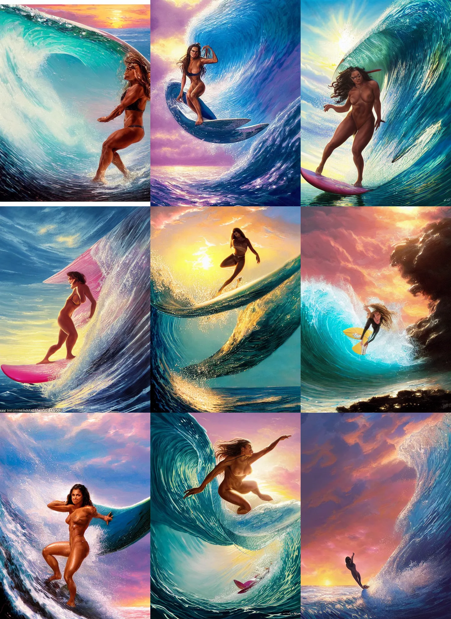 Image similar to epic portrait of muscled Mila Kunis surfing a dolphin on a big translucent wave, sun rays across sky, pink golden hour, stormy coast, intricate, highly detailed, shallow depth of field, tentacles in the distance, epic vista, Ralph Horsley, Daniel F. Gerhartz, Artgerm, Boris Villajo, Lilia Alvarado