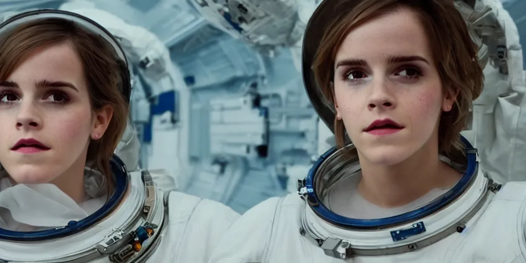 Prompt: astronaut emma watson in the forground with curly moustache wearing oversized space cowboy hat, in the background one thousand aligned cryogenic pods filled with snake oil, spaceship interior, symmetrical, sci-fi, cryogenic pods, many cryogenic pods, interior, 4k, wide shot, ridley scott in the style of Michael Pangrazio, Dylan Cole, David Luong, Milan Schere, Max Dennison, Jaime Jasso, purple green snakeskin stimulant subsurface scattering.