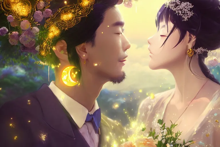 Image similar to a dreamlike portrait of wedding photograph close up moment of a divine a taiwan sun god and moon goddess lovers magician at a wedding banquet. portraiture. digital painting. artstation. concept art. fantasy wedding photo. digital painting, 8 k realistic, hyper detailed, by makoto shinkai and akihiko yoshida and hidari and wlop